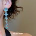 Blue Floral Crystal Long Drop Earrings For Distinctive Statement Styling view 3