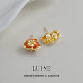 Gold Asymmetric Orange Persimmon Pearl Leaf Stud Earrings view 6