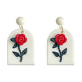White Ball Stud Red Rose Arch Plaque Drop Earrings Pair view 5