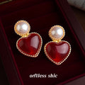 Gold Pearl Stud Red Heart Drop Earrings Twisted Rim view 1