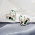 Gold Heart Frame Pearl Crystal Stud Earrings Green Accents view 3