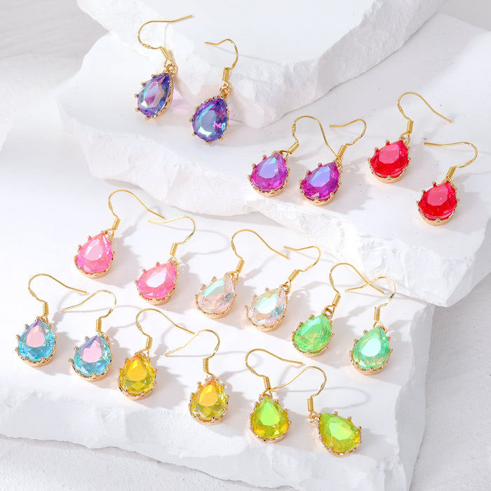 Gold Tone Faceted Iridescent Teardrop Crystal Hook Earrings in Nine Colors