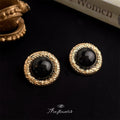 Black Cabochon Round Gold Textured Border Stud Earrings view 3