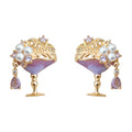 Gold Tone Purple Cocktail Glass Pearl And Clear Stone Stud Earrings view 5