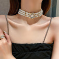 Gold Three Row Pearl Crystal Rhinestone Center Choker Necklace view 3