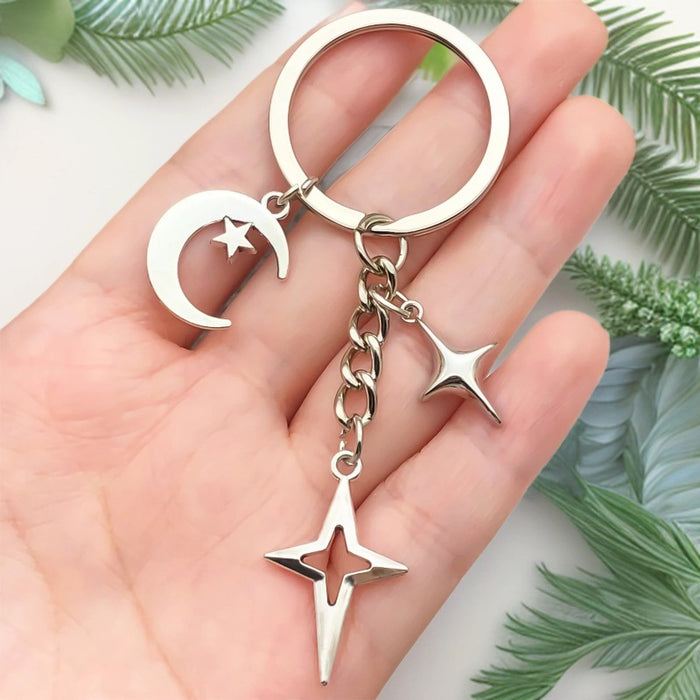 Three-Style Antique Silver Moon Star and Cross Charm Keychain Collection