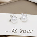 Silver Cat Ear Pearl Look Delicate Small Stud Earrings view 2