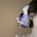 Purple White Fabric Flower And Feather Duckbill Hair Clip view 4