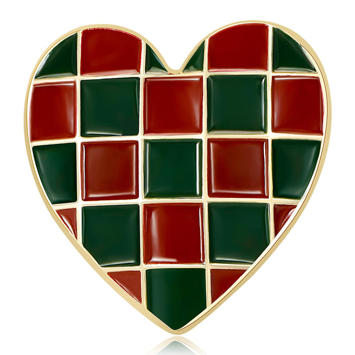 Red Green Checkered Heart Enamel Brooch Gold Tone Plaid Pin