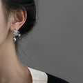 Silver Square Crystal Pearl Drop Stud Earrings Polished Metal Jewelry view 4