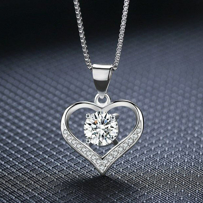 Silver Open Heart Pendant Necklace Dangling Clear Stone