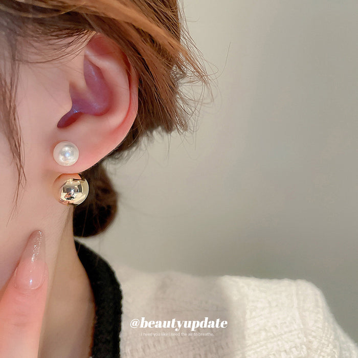 Gold Tone Ball and Pearl Double Sided Stud Earrings