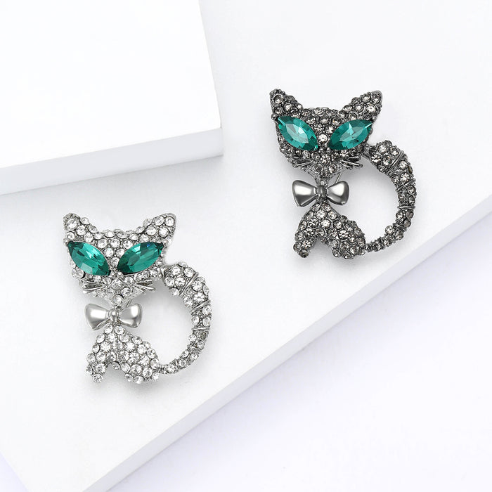 Rhinestone Cat Brooch Green Eyes Metal Bow Two Finishes