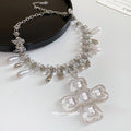 Silver Tone Cross Charm Necklace with Crystal Fringe view 2