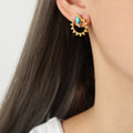 Gold Sunburst Hoop Stud Earrings Oval Turquoise Stone Top view 1