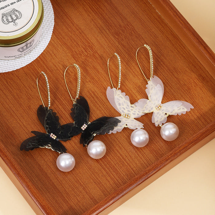 Black Mesh Butterfly White Pearl Look Long Huggie Earrings