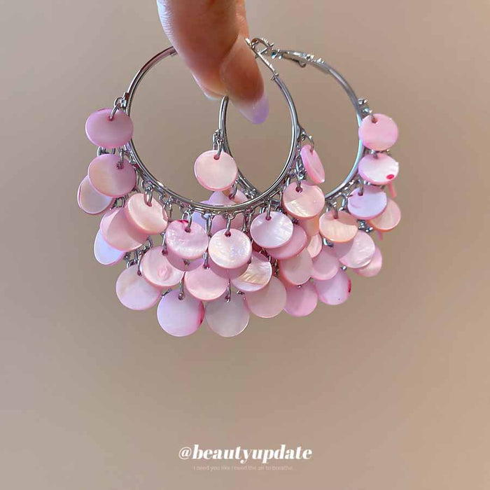 Silver Hoop Earrings with Pink Shell Disc Fringe with Polished Metal Details