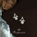 Silver Open Triangle Pearl Drop Stud Earrings Zircon view 1