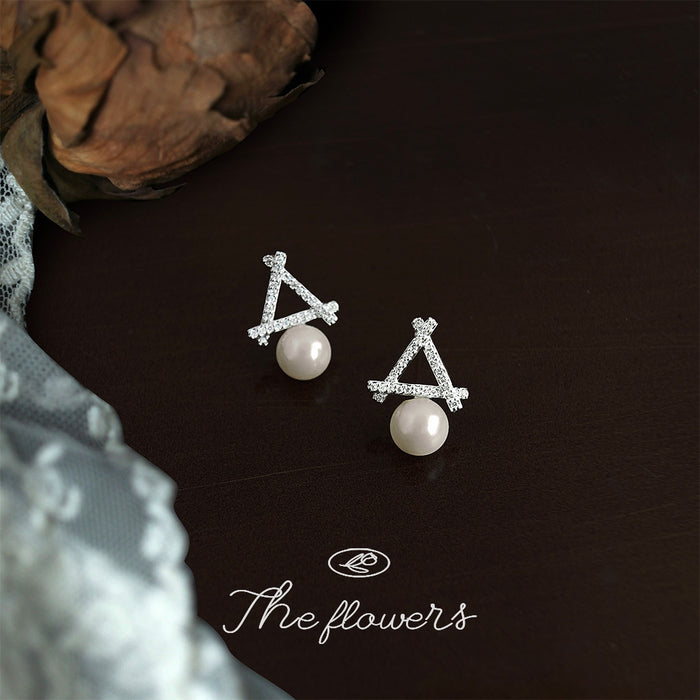 Silver Open Triangle Pearl Drop Stud Earrings Zircon