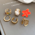 Gold Silver Open Flower Pearl Metal Ring Six Piece Sets view 7