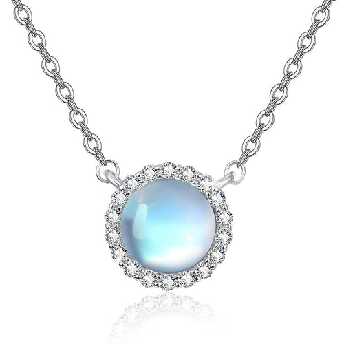 Alternate product view of silver tone blue white round stone halo pendant necklace