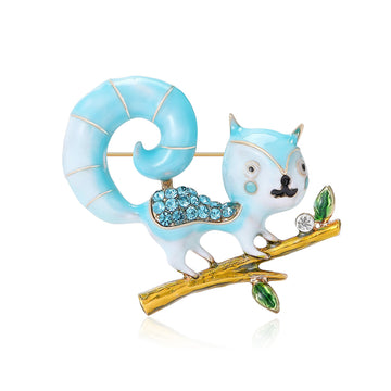 Enamel Squirrel on Branch Brooch in Blue or Orange