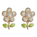 Crystal Pave Flower Stud Earrings Pearl Center Leaf Drop view 5