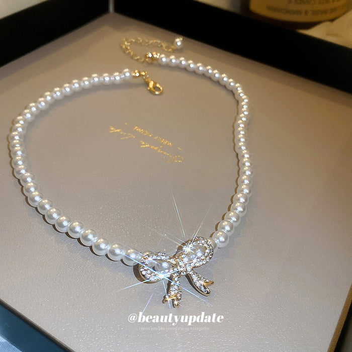 White Pearl Choker Necklace Crystal Pave Bow Center Gold Tone