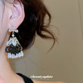 Black and White Beaded Tassel Flower Drop Earrings view 3