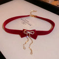 Red Velvet Bow Choker Necklace with Pearl and Chain Drops view 4