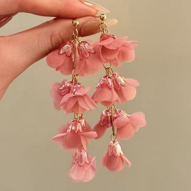 Layered Bellflower Tassel Earrings in Pink and Blue