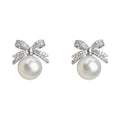 Silver Crystal Bow Pearl Drop Stud Earrings Metal Pair view 5
