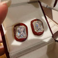 Red Square Stud Earrings With Clear Crystal Centers view 1