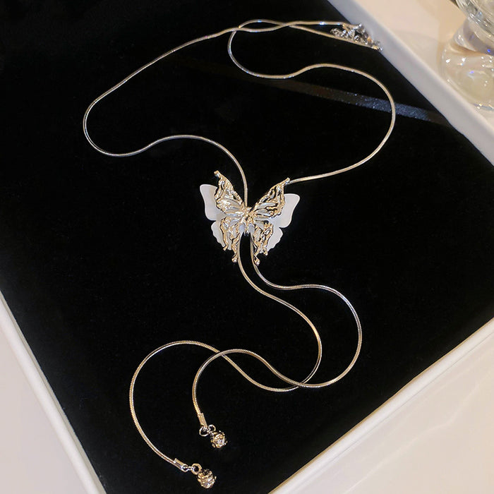 Silver Filigree Butterfly White Wing Lariat Necklace