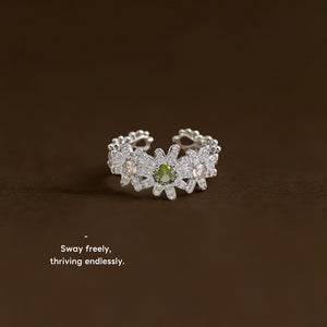 Silver Tone Clear Stone Daisy Green Center Adjustable Open Ring