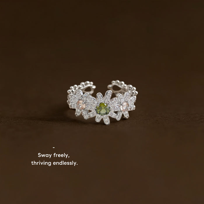 Silver Tone Clear Stone Daisy Green Center Adjustable Open Ring