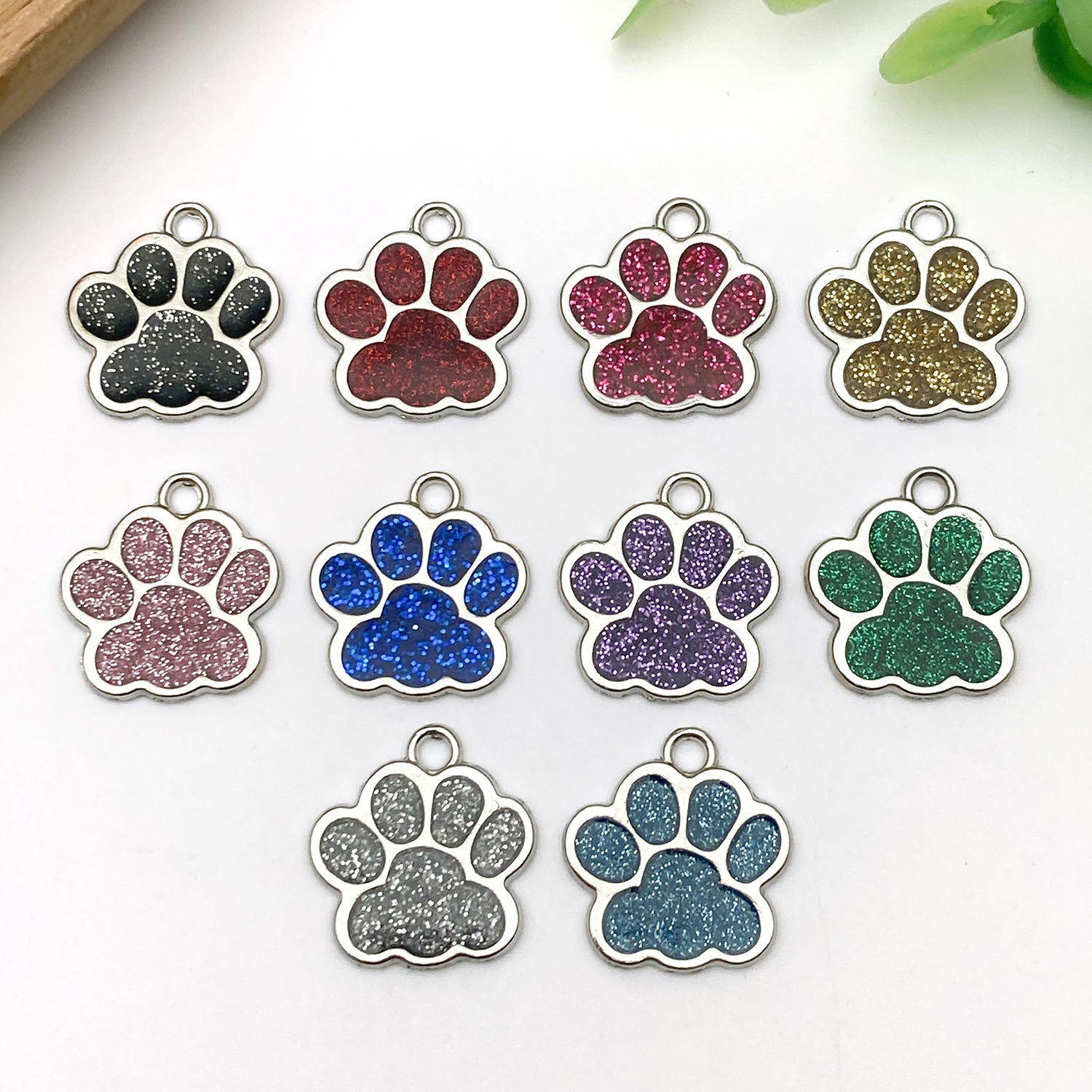 Zinc Alloy Glitter Dog Paw Print Enamel Charm Pendant 17x16mm for DIY Earrings Keychain
