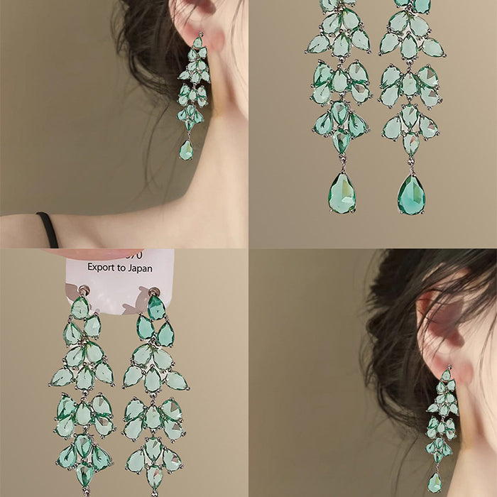 Green Leaf Crystal Chandelier Earrings in Large and Small Styles