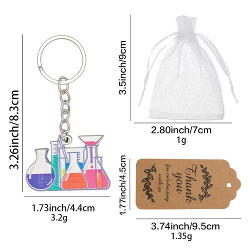 Size chart for science lab glassware wood keychain packaging