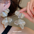 Layered Textured Leaf Drop Earrings in Gold or Silver Tone view 3