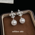 Silver Tone Clear Stone Fleur De Lis Large Pearl Drop Earrings view 4