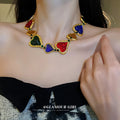 Gold Multicolor Wrinkled Heart And Oval Cabochon Necklaces view 2