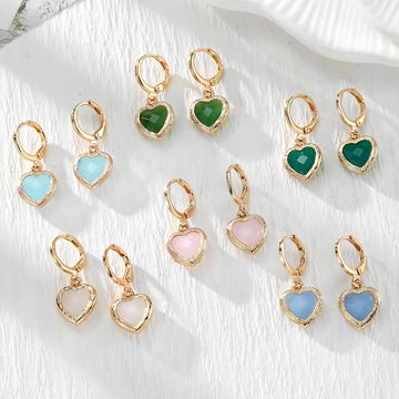 Gold Tone Crystal Heart Huggie Earrings in Seven Color Options