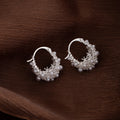 White Pearl Look Cluster Silver Tone Small Hoop Earrings view 2