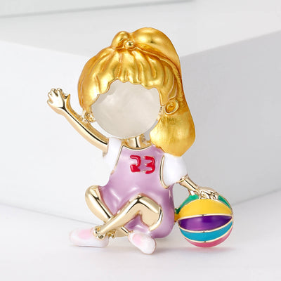 Blonde Basketball Girl Enamel Brooch isolated front view