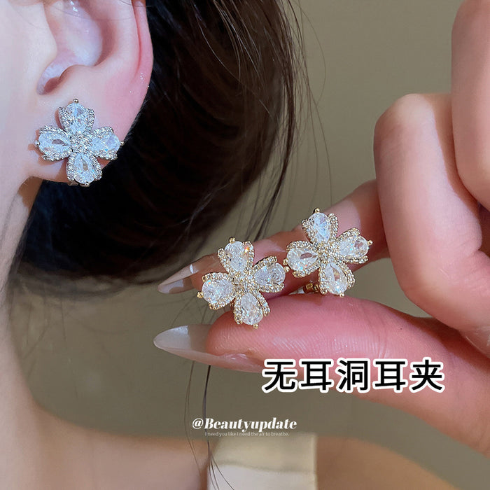 Crystal Flower Ear Cuffs with Layered Floral Clusters