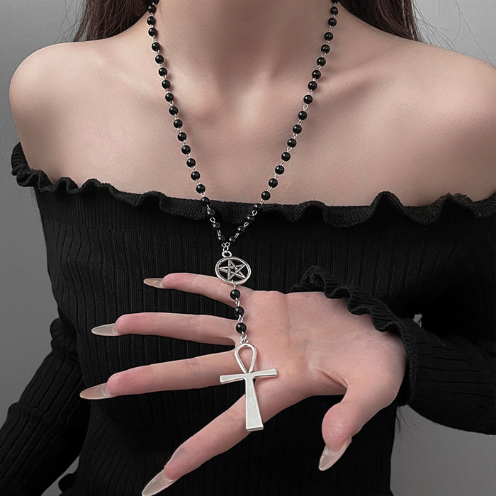 Black Bead Pentagram Ankh Cross Gothic Pendant Necklace