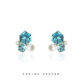 Silver Tone Aqua Cube White Pearl And Clear Stone Stud Earrings view 1