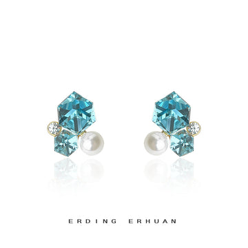 Silver Tone Aqua Cube White Pearl And Clear Stone Stud Earrings