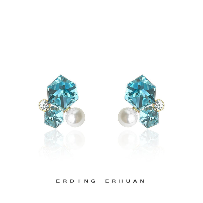 Silver Tone Aqua Cube White Pearl And Clear Stone Stud Earrings